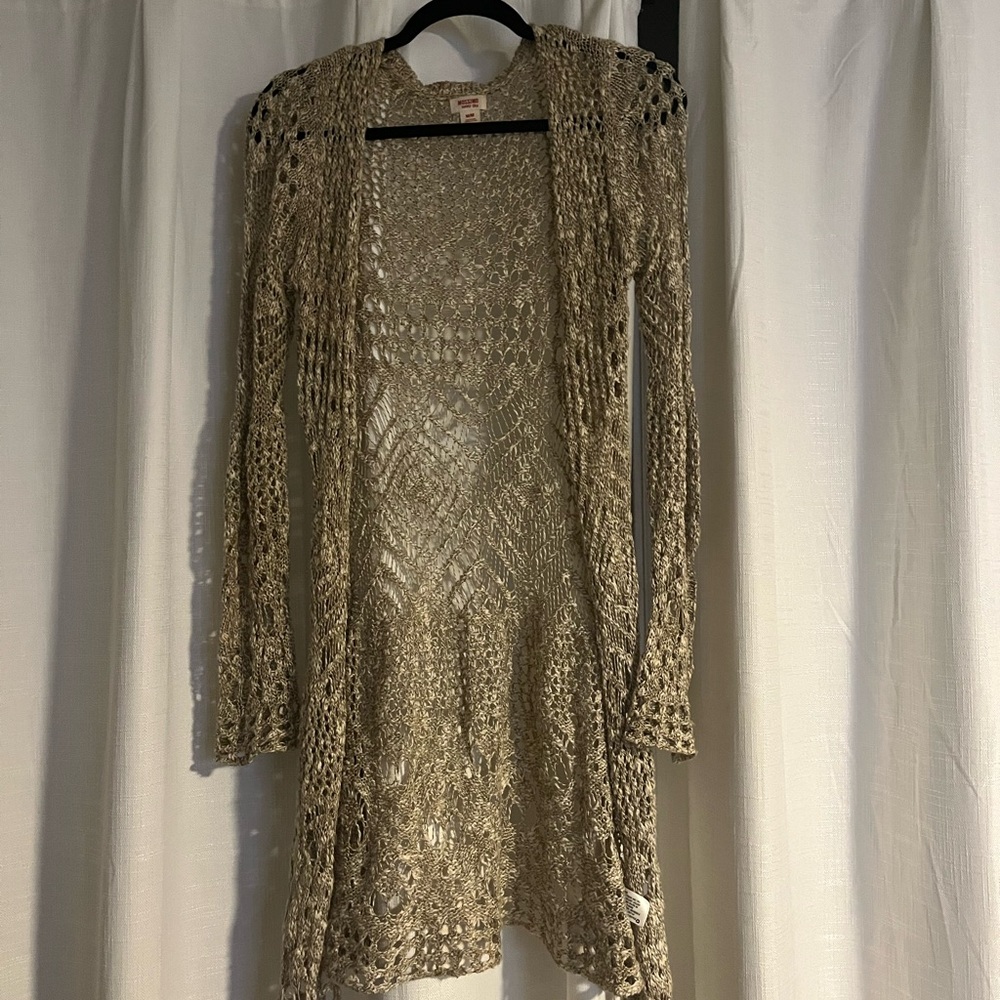 Tan Crochet Open-Front Cardigan